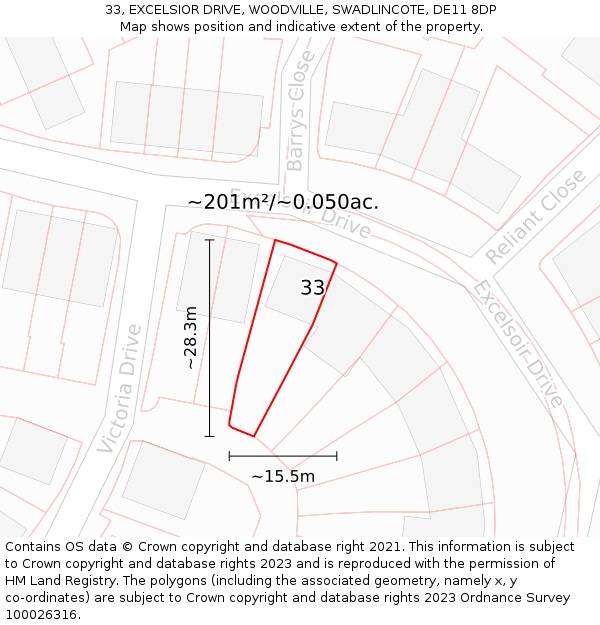 33, EXCELSIOR DRIVE, WOODVILLE, SWADLINCOTE, DE11 8DP: Plot and title map