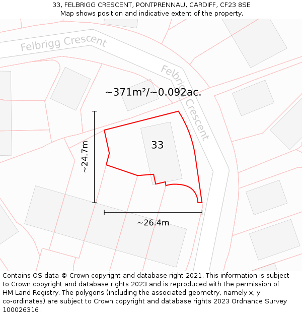 33, FELBRIGG CRESCENT, PONTPRENNAU, CARDIFF, CF23 8SE: Plot and title map