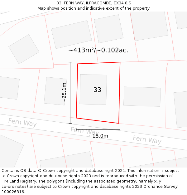 33, FERN WAY, ILFRACOMBE, EX34 8JS: Plot and title map