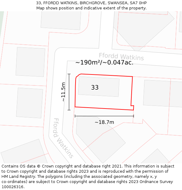 33, FFORDD WATKINS, BIRCHGROVE, SWANSEA, SA7 0HP: Plot and title map
