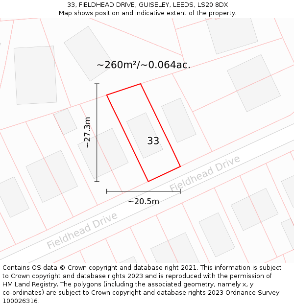 33, FIELDHEAD DRIVE, GUISELEY, LEEDS, LS20 8DX: Plot and title map