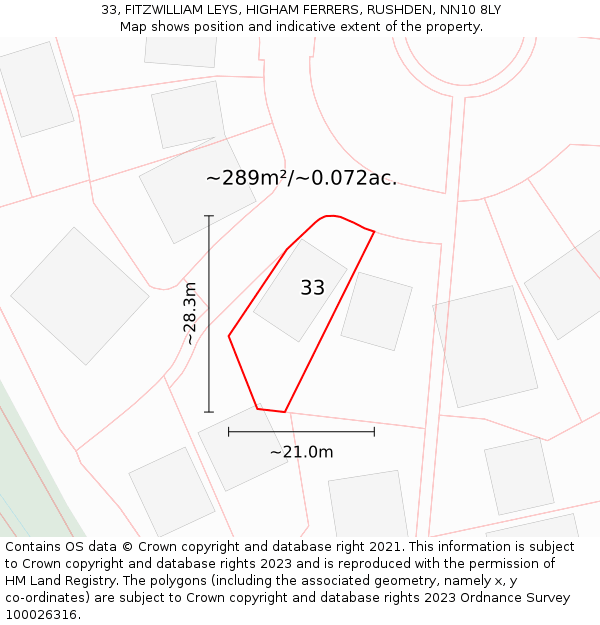 33, FITZWILLIAM LEYS, HIGHAM FERRERS, RUSHDEN, NN10 8LY: Plot and title map