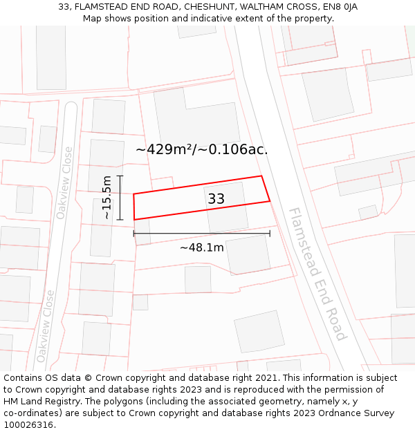 33, FLAMSTEAD END ROAD, CHESHUNT, WALTHAM CROSS, EN8 0JA: Plot and title map