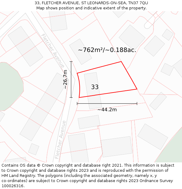 33, FLETCHER AVENUE, ST LEONARDS-ON-SEA, TN37 7QU: Plot and title map
