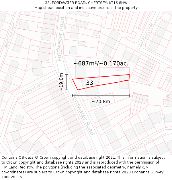 33, FORDWATER ROAD, CHERTSEY, KT16 8HW: Plot and title map