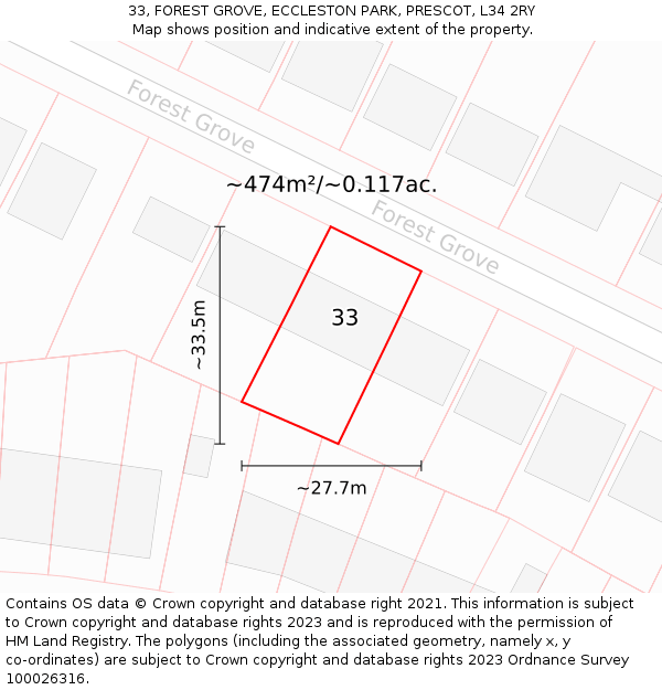 33, FOREST GROVE, ECCLESTON PARK, PRESCOT, L34 2RY: Plot and title map