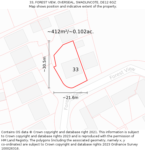 33, FOREST VIEW, OVERSEAL, SWADLINCOTE, DE12 6GZ: Plot and title map