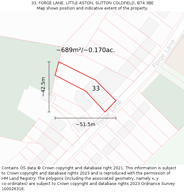 33, FORGE LANE, LITTLE ASTON, SUTTON COLDFIELD, B74 3BE: Plot and title map