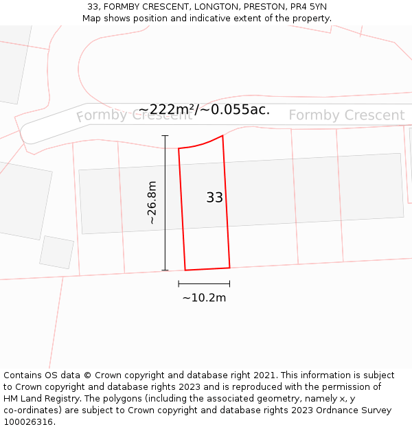 33, FORMBY CRESCENT, LONGTON, PRESTON, PR4 5YN: Plot and title map