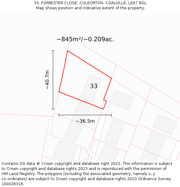 33, FORRESTER CLOSE, COLEORTON, COALVILLE, LE67 8GL: Plot and title map