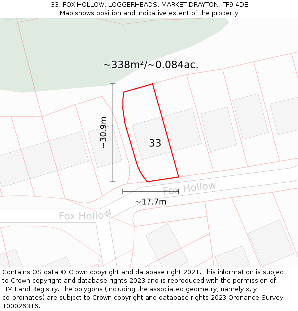 33, FOX HOLLOW, LOGGERHEADS, MARKET DRAYTON, TF9 4DE: Plot and title map
