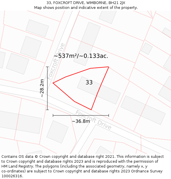 33, FOXCROFT DRIVE, WIMBORNE, BH21 2JX: Plot and title map