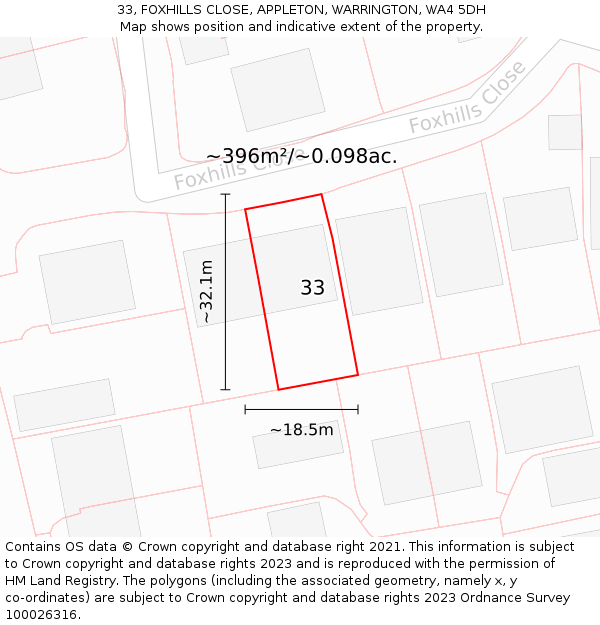 33, FOXHILLS CLOSE, APPLETON, WARRINGTON, WA4 5DH: Plot and title map