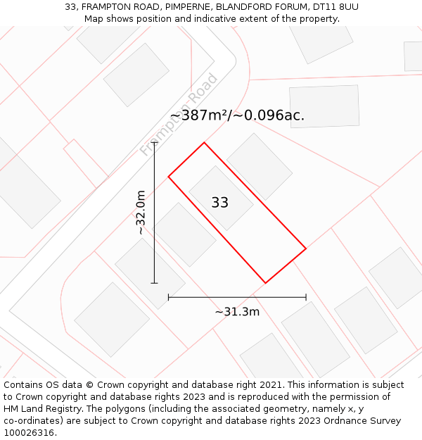 33, FRAMPTON ROAD, PIMPERNE, BLANDFORD FORUM, DT11 8UU: Plot and title map