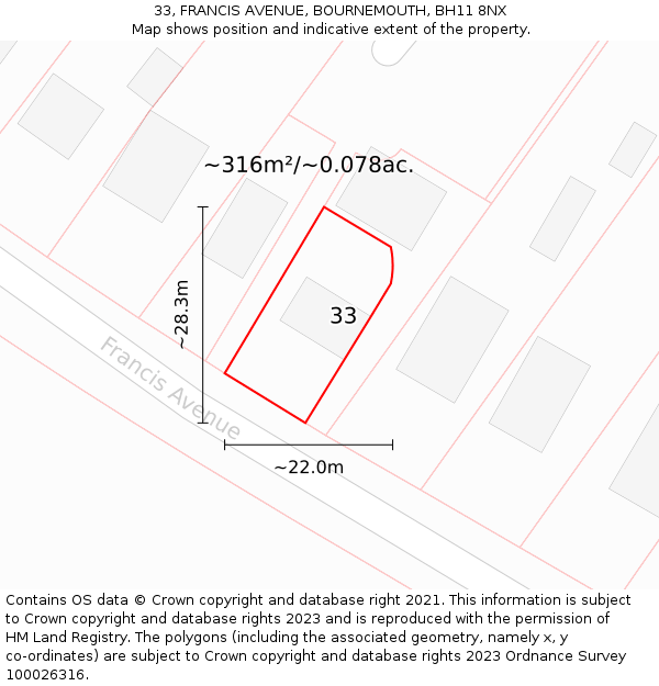33, FRANCIS AVENUE, BOURNEMOUTH, BH11 8NX: Plot and title map