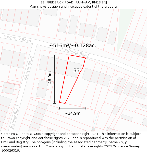 33, FREDERICK ROAD, RAINHAM, RM13 8NJ: Plot and title map