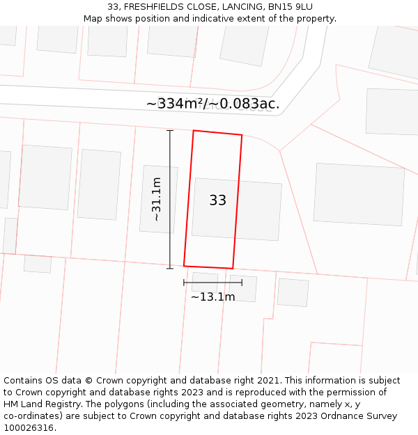 33, FRESHFIELDS CLOSE, LANCING, BN15 9LU: Plot and title map