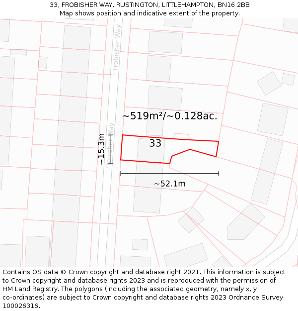33, FROBISHER WAY, RUSTINGTON, LITTLEHAMPTON, BN16 2BB: Plot and title map