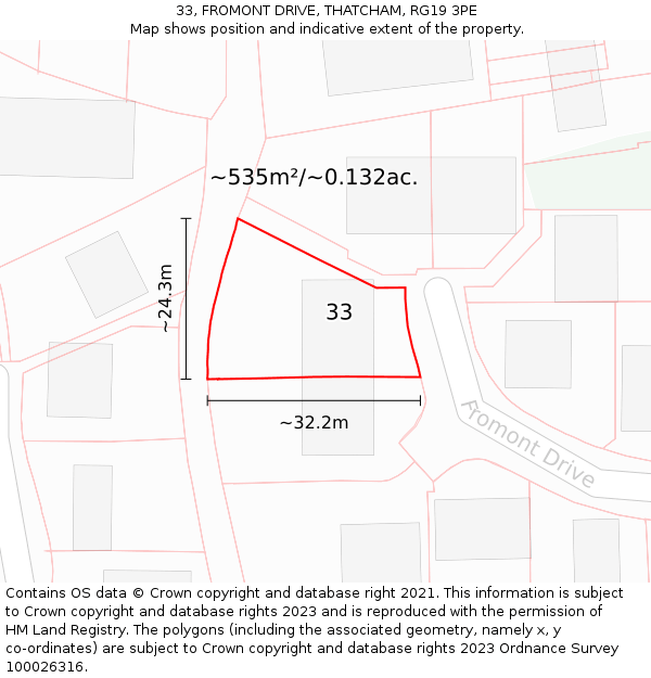 33, FROMONT DRIVE, THATCHAM, RG19 3PE: Plot and title map