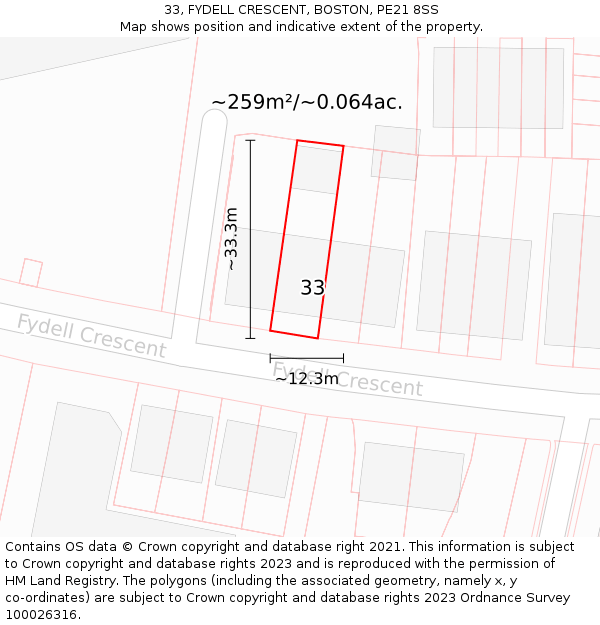 33, FYDELL CRESCENT, BOSTON, PE21 8SS: Plot and title map