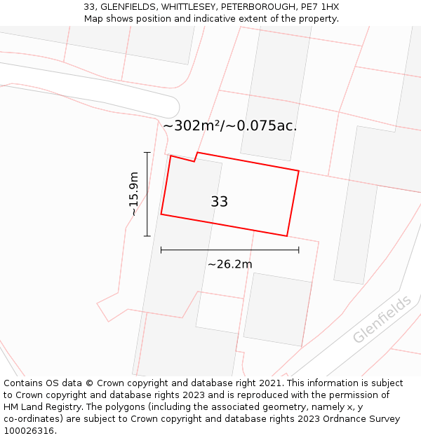 33, GLENFIELDS, WHITTLESEY, PETERBOROUGH, PE7 1HX: Plot and title map