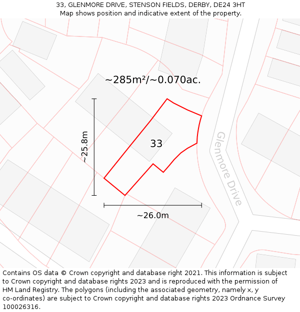 33, GLENMORE DRIVE, STENSON FIELDS, DERBY, DE24 3HT: Plot and title map