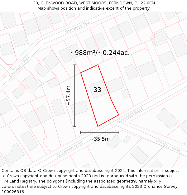 33, GLENWOOD ROAD, WEST MOORS, FERNDOWN, BH22 0EN: Plot and title map