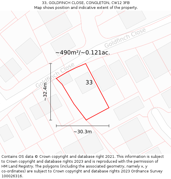 33, GOLDFINCH CLOSE, CONGLETON, CW12 3FB: Plot and title map