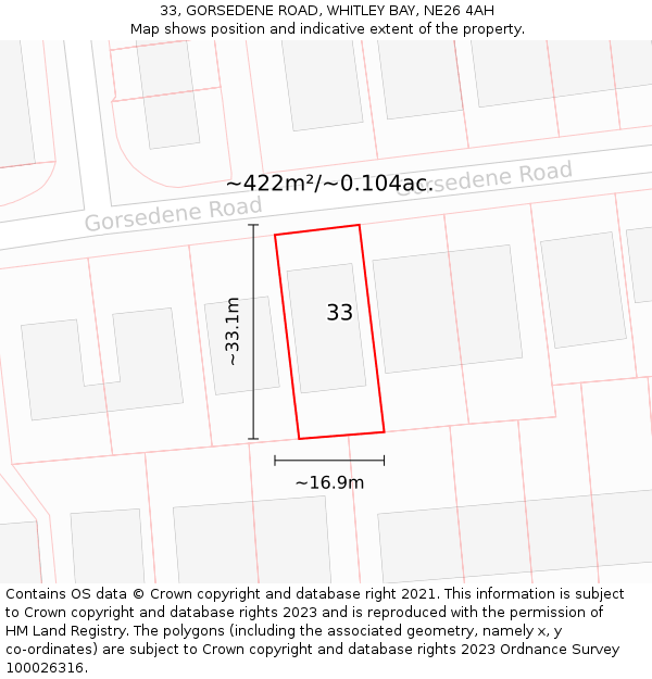 33, GORSEDENE ROAD, WHITLEY BAY, NE26 4AH: Plot and title map