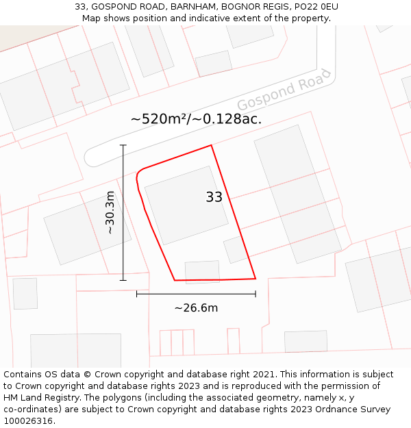 33, GOSPOND ROAD, BARNHAM, BOGNOR REGIS, PO22 0EU: Plot and title map