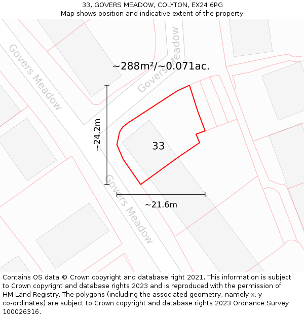 33, GOVERS MEADOW, COLYTON, EX24 6PG: Plot and title map