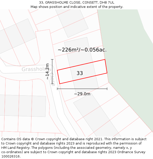 33, GRASSHOLME CLOSE, CONSETT, DH8 7UL: Plot and title map