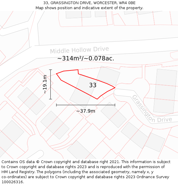 33, GRASSINGTON DRIVE, WORCESTER, WR4 0BE: Plot and title map