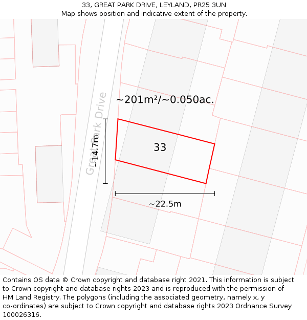 33, GREAT PARK DRIVE, LEYLAND, PR25 3UN: Plot and title map