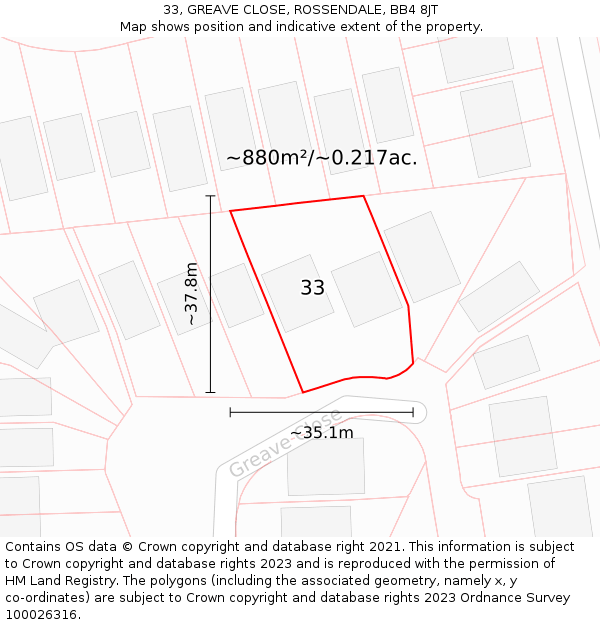 33, GREAVE CLOSE, ROSSENDALE, BB4 8JT: Plot and title map