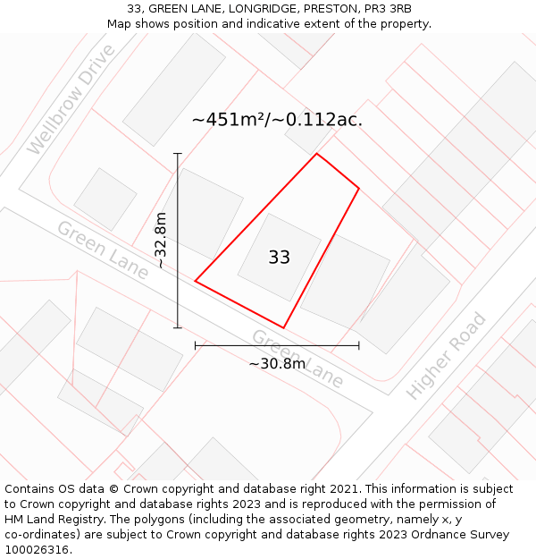 33, GREEN LANE, LONGRIDGE, PRESTON, PR3 3RB: Plot and title map