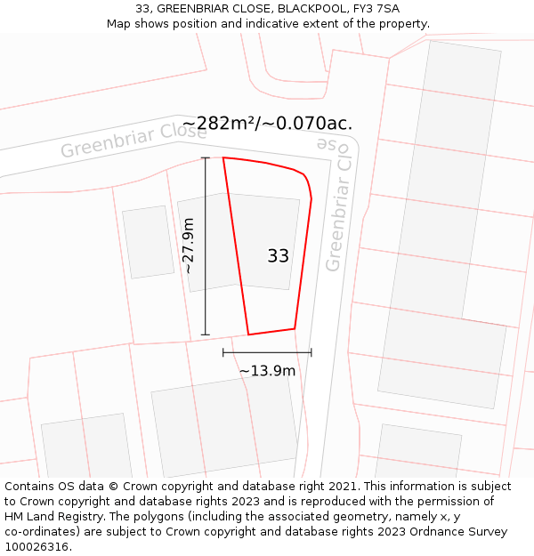 33, GREENBRIAR CLOSE, BLACKPOOL, FY3 7SA: Plot and title map