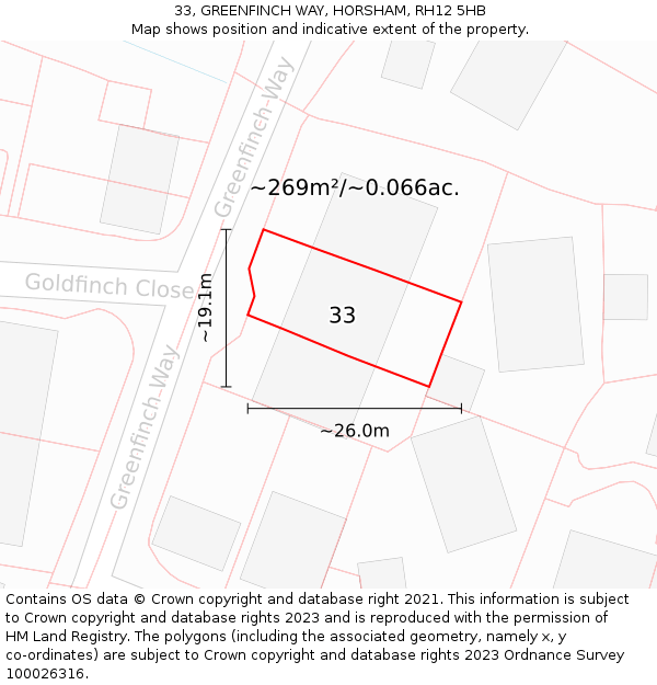 33, GREENFINCH WAY, HORSHAM, RH12 5HB: Plot and title map