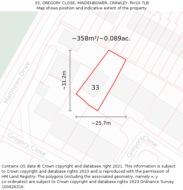 33, GREGORY CLOSE, MAIDENBOWER, CRAWLEY, RH10 7LB: Plot and title map