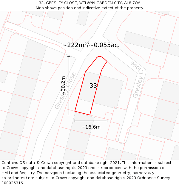 33, GRESLEY CLOSE, WELWYN GARDEN CITY, AL8 7QA: Plot and title map