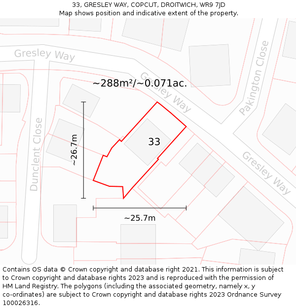 33, GRESLEY WAY, COPCUT, DROITWICH, WR9 7JD: Plot and title map
