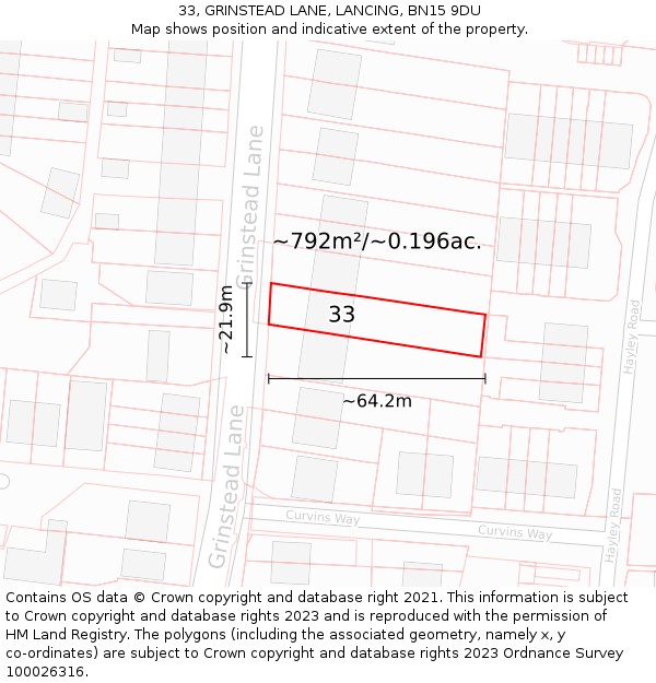 33, GRINSTEAD LANE, LANCING, BN15 9DU: Plot and title map