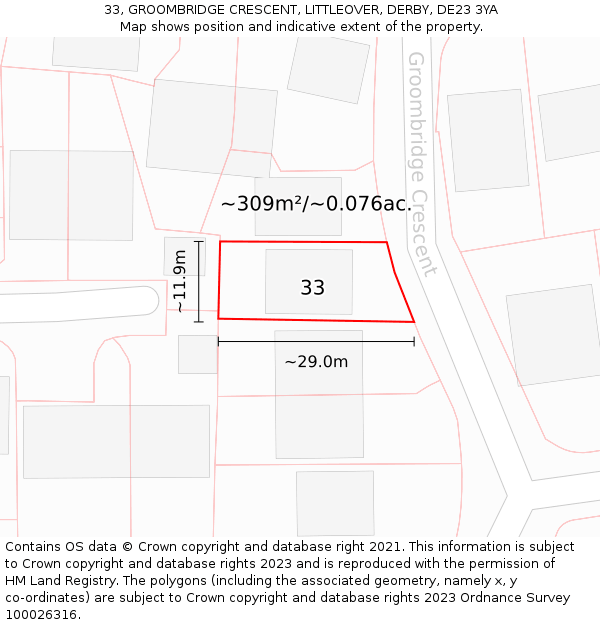 33, GROOMBRIDGE CRESCENT, LITTLEOVER, DERBY, DE23 3YA: Plot and title map