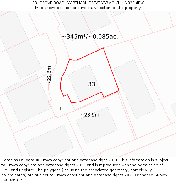 33, GROVE ROAD, MARTHAM, GREAT YARMOUTH, NR29 4PW: Plot and title map