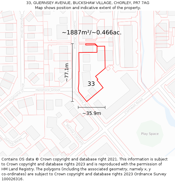 33, GUERNSEY AVENUE, BUCKSHAW VILLAGE, CHORLEY, PR7 7AG: Plot and title map