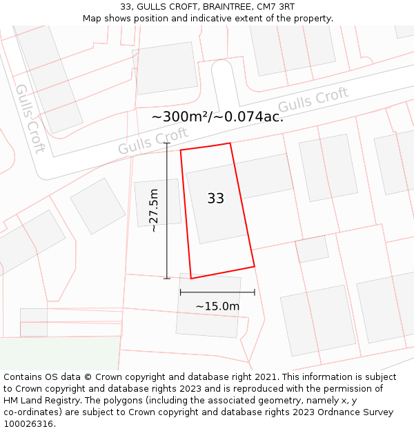 33, GULLS CROFT, BRAINTREE, CM7 3RT: Plot and title map