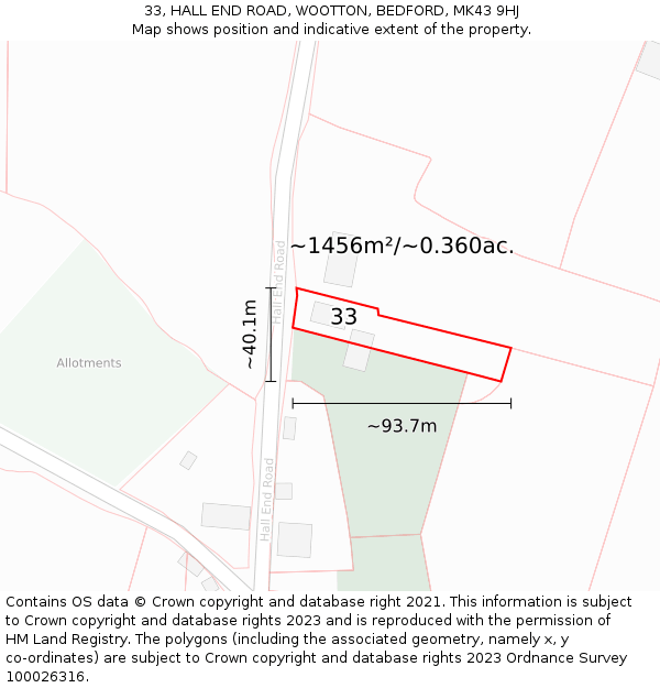 33, HALL END ROAD, WOOTTON, BEDFORD, MK43 9HJ: Plot and title map