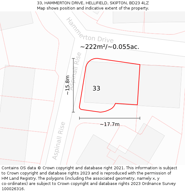 33, HAMMERTON DRIVE, HELLIFIELD, SKIPTON, BD23 4LZ: Plot and title map
