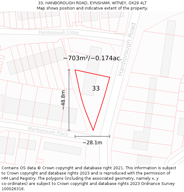 33, HANBOROUGH ROAD, EYNSHAM, WITNEY, OX29 4LT: Plot and title map