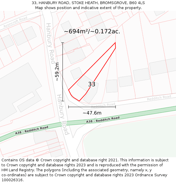33, HANBURY ROAD, STOKE HEATH, BROMSGROVE, B60 4LS: Plot and title map